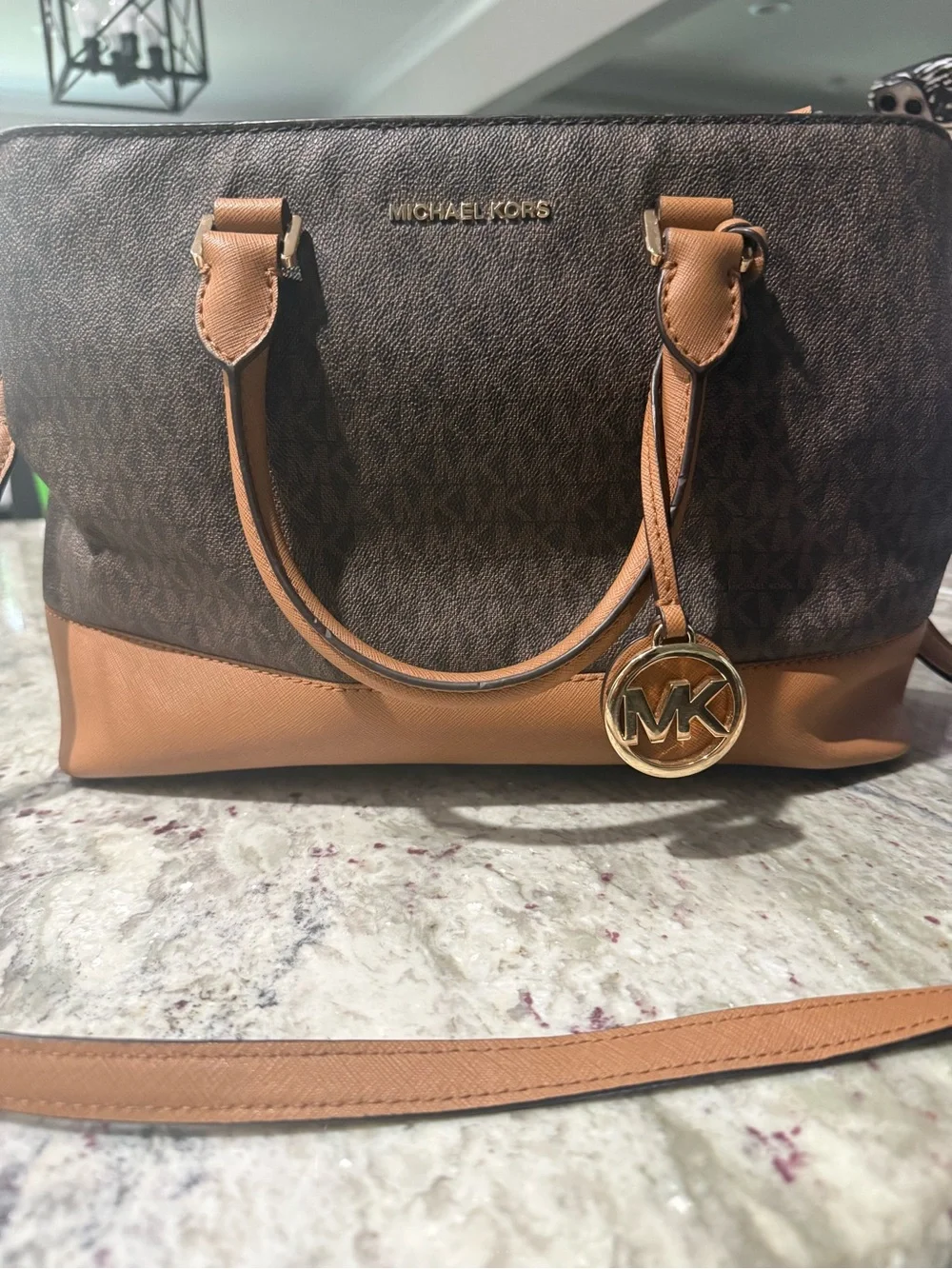 Michael Kors Brown & Tan Logo Satchel with Gold MK Charm